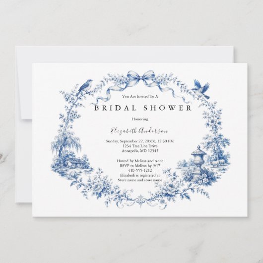 Blue Bow Toile Garden Bridal Shower  招待状 (正面)