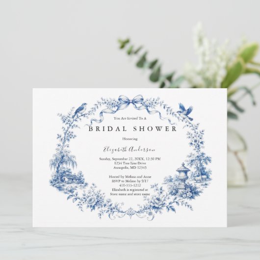 Blue Bow Toile Garden Bridal Shower  招待状 (スタンド正面)