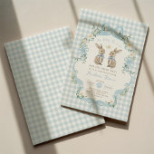 Blue Bow Twin Boys Bunny Baby Shower 招待状