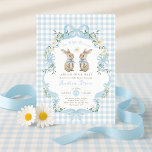 Blue Bow Twin Boys Bunny Baby Shower 招待状<br><div class="desc">Celebrate the upcoming arrival of a little bundle of joy with this charming bunny baby shower invitation! Featuring a heartwarming illustration of two baby bunnies adorned with bows, and surrounded by soft florals and greenery, this design is the perfect blend of sweet, playful, and elegant. Set against soft blue gingham...</div>