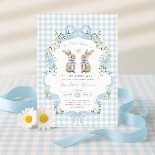 Blue Bow Twin Boys Bunny Baby Shower 招待状
