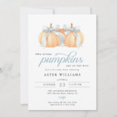Blue Bow Twin Boys Pumpkin Baby Shower 招待状 (正面)