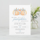 Blue Bow Twin Boys Pumpkin Baby Shower 招待状 (スタンド正面)