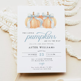 Blue Bow Twin Boys Pumpkin Baby Shower 招待状