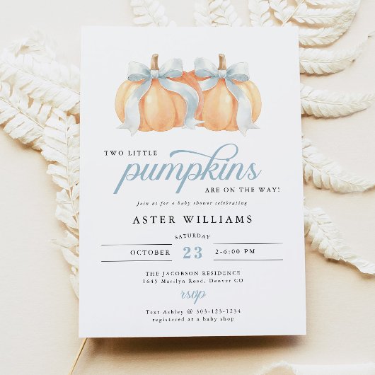 Blue Bow Twin Boys Pumpkin Baby Shower 招待状