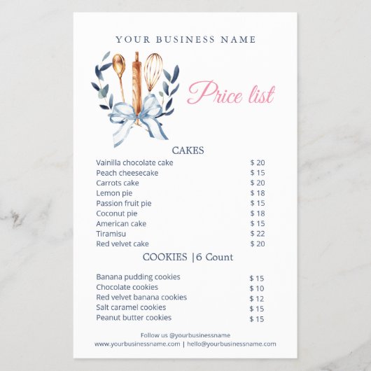 Blue Bow Utensils Cooking Bakery Price List Flyer チラシ (正面)