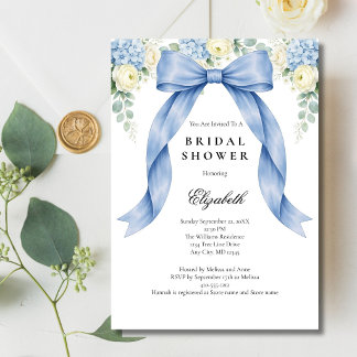 Blue Bow Watercolor Florals Bridal Shower 招待状
