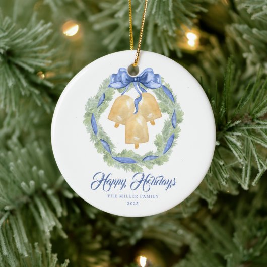 Blue Bow Watercolor Wreath Grandmillenial セラミックオーナメント (ツリー)
