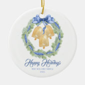 Blue Bow Watercolor Wreath Grandmillenial セラミックオーナメント (正面)