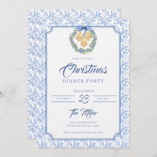 Blue Bow Watercolor Wreath Grandmillenial 招待状 (正面/裏面)
