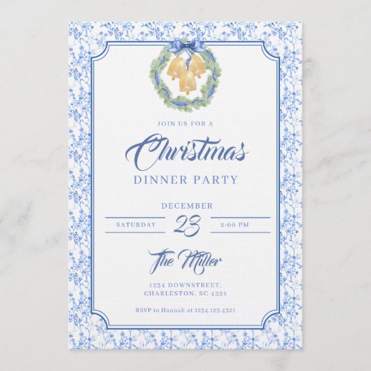 Blue Bow Watercolor Wreath Grandmillenial 招待状 (正面)