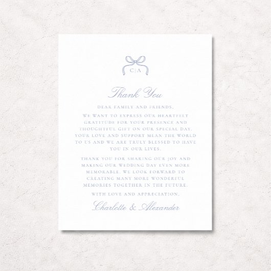 Blue Bow Wedding Thank You Card 招待状