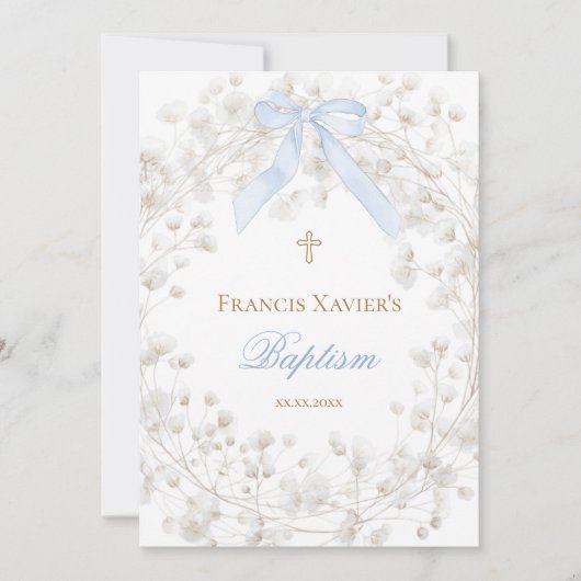  blue bow white baby's breath flowers Baptism 招待状 (正面)
