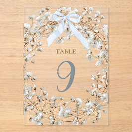  blue bow white baby's breath flowers table number アクリル招待状