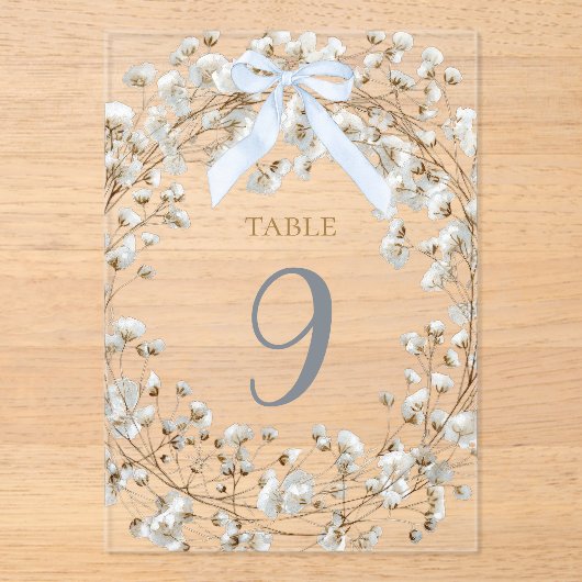  blue bow white baby's breath flowers table number アクリル招待状 (正面)