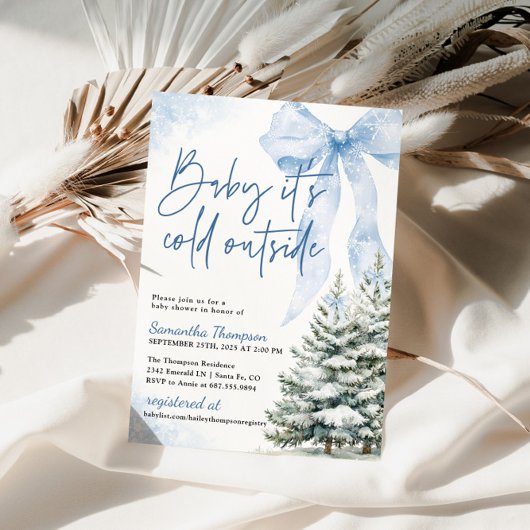 Blue Bow Winter Baby Shower It's Cold Outside 招待状