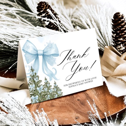 Blue Bow Winter Baby Shower Thank You Card サンキューカード