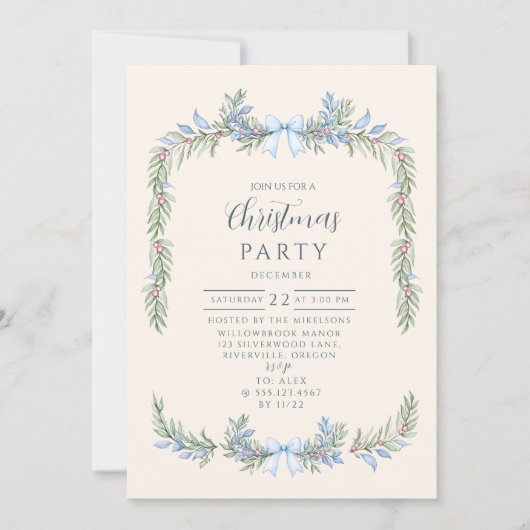 Blue Bow Winter Botanical Christmas 招待状 (正面)