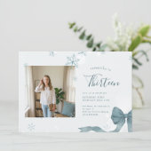 Blue Bow Winter Girl Photo 13th Birthday Party 招待状 (スタンド正面)