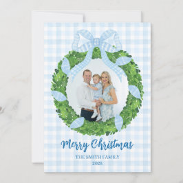 Blue Bow Wreath Christmas Photo Holiday Card シーズンカード