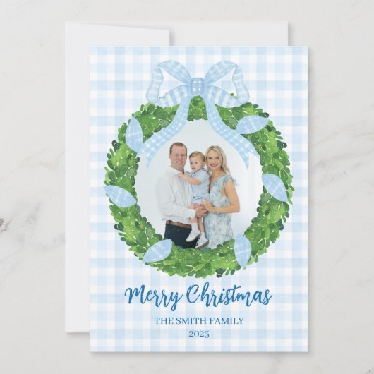 Blue Bow Wreath Christmas Photo Holiday Card シーズンカード (正面)