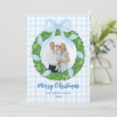 Blue Bow Wreath Christmas Photo Holiday Card シーズンカード (スタンド正面)
