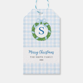 Blue Bow Wreath Gingham Christmas ギフトタグ