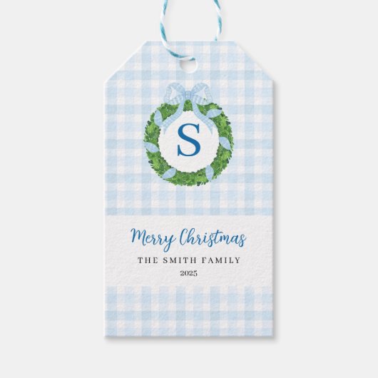 Blue Bow Wreath Gingham Christmas ギフトタグ (正面)