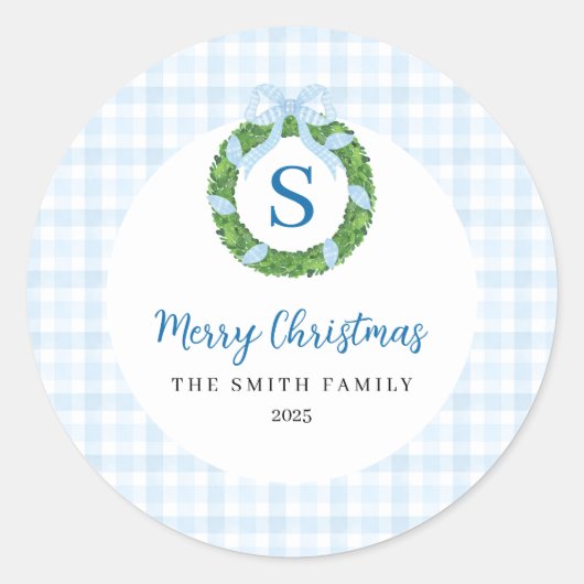 Blue Bow Wreath Gingham Christmas  ラウンドシール (正面)