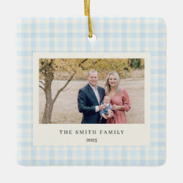 Blue Bow Wreath Gingham Photo Christmas セラミックオーナメント