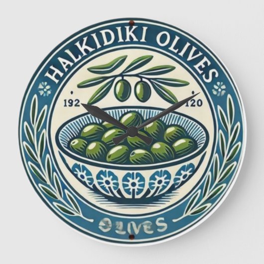 Blue Bowl Greek Olive Picture Design ラージ壁時計 (正面)