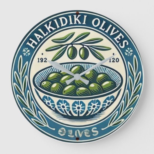 Blue Bowl Greek Olive Picture Design ラージ壁時計 (正面)
