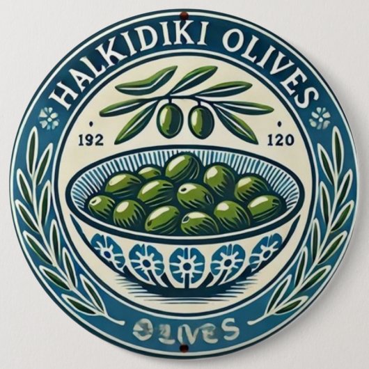 Blue Bowl Greek Olive Picture Design 缶バッジ (正面)