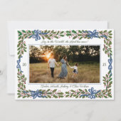 Blue Bows and Holly Garland One-Photo Christmas シーズンカード (正面)