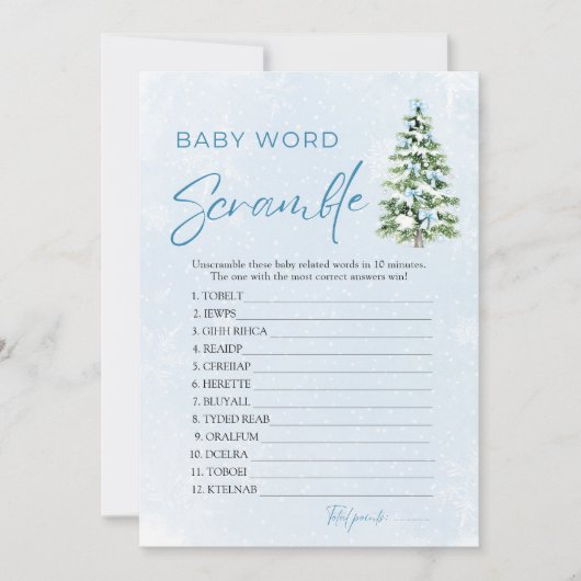 Blue Bows Christmas Tree Baby Word Scramble Game 招待状 (正面)