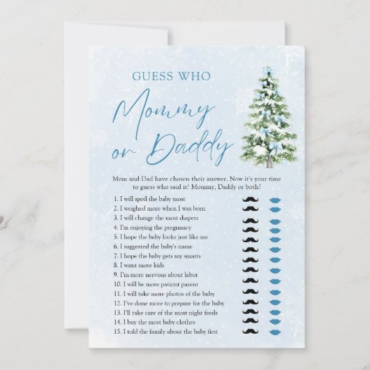 Blue Bows Christmas Tree Guess Who Mom or Dad Game 招待状 (正面)