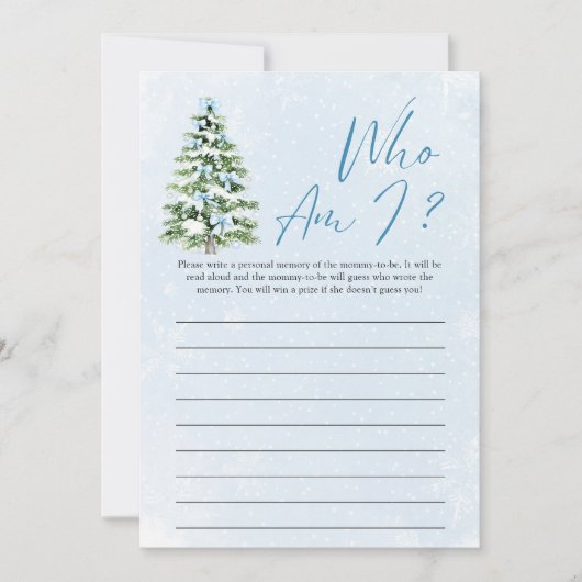 Blue Bows Christmas Tree Who Am I Baby Shower Game 招待状 (正面)