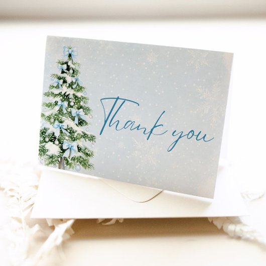 Blue Bows Christmas Tree Winter Thank you card サンキューカード
