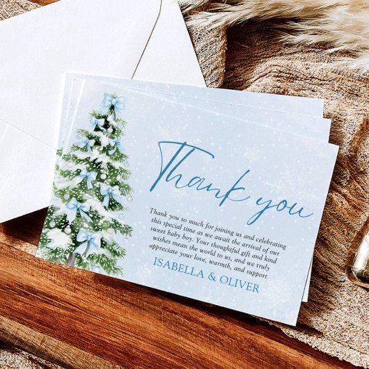 Blue Bows Christmas Tree Winter Thank you card 招待状