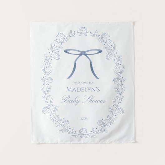 Blue Bows & Flowers Baby Shower Welcome Sign タペストリー (正面)