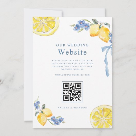 Blue Bows & Lemons Italian QR Code Wedding 招待状 (裏面)