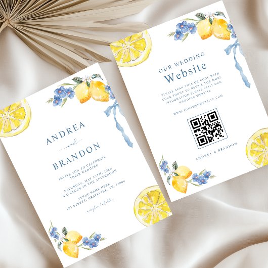 Blue Bows & Lemons Italian QR Code Wedding 招待状