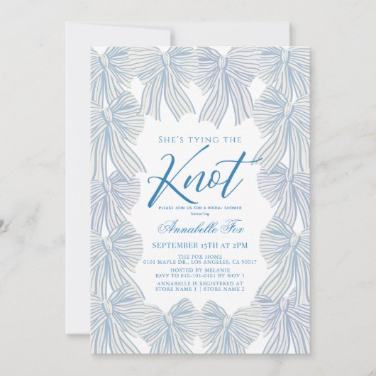 Blue Bows Tying the Knot Bridal Shower 招待状 (正面)