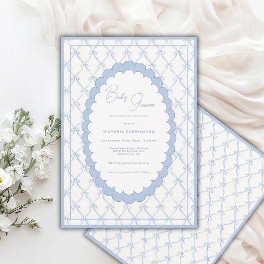 Blue Bows Vintage Baby Shower Invitation 招待状