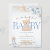 Blue Boy Bear Boho Baby Shower 招待状 (正面)