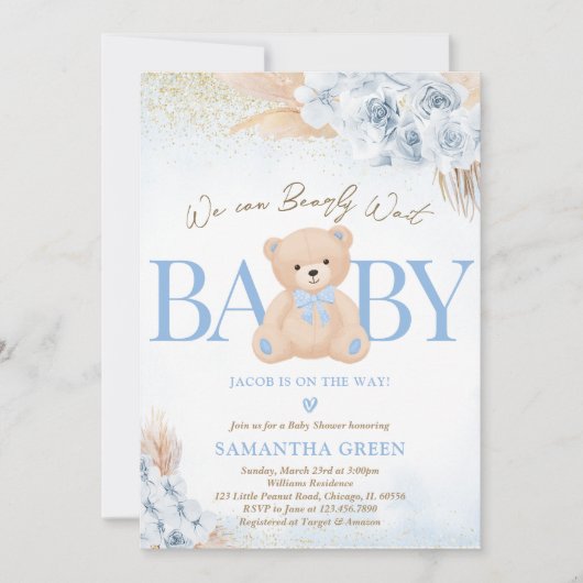 Blue Boy Bear Boho Baby Shower 招待状 (正面)