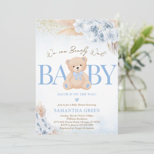 Blue Boy Bear Boho Baby Shower 招待状 (スタンド正面)