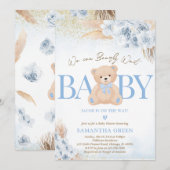 Blue Boy Bear Boho Baby Shower 招待状 (正面/裏面)