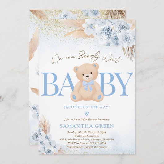 Blue Boy Bear Boho Baby Shower 招待状 (正面/裏面)