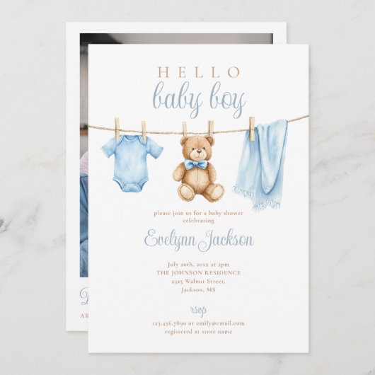 Blue Boy Clothesline Baby Shower Photo QR Code 招待状 (正面/裏面)